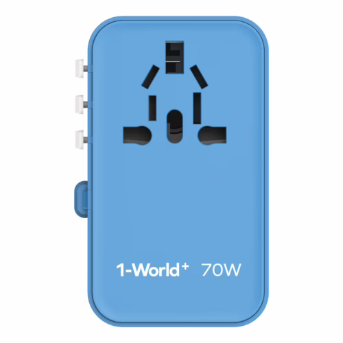 Momax หัวชาร์จ+หัวแปลงปลั๊กไฟ รุ่น 1-World Travel Adapter 3-Port กำลังไฟ 70W ชาร์จไว GaN พร้อมสาย USB-C ในตัว - สี Blue