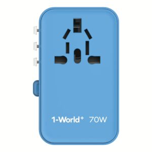 Momax หัวชาร์จ+หัวแปลงปลั๊กไฟ รุ่น 1-World Travel Adapter 3-Port กำลังไฟ 70W ชาร์จไว GaN พร้อมสาย USB-C ในตัว - สี Blue