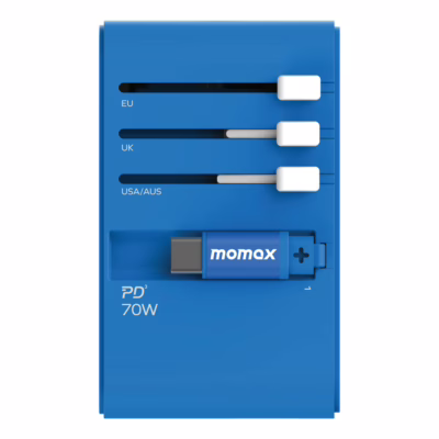 Momax หัวชาร์จ+หัวแปลงปลั๊กไฟ รุ่น 1-World Travel Adapter 3-Port กำลังไฟ 70W ชาร์จไว GaN พร้อมสาย USB-C ในตัว - สี Blue