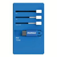 Momax หัวชาร์จ+หัวแปลงปลั๊กไฟ รุ่น 1-World Travel Adapter 3-Port กำลังไฟ 70W ชาร์จไว GaN พร้อมสาย USB-C ในตัว - สี Blue
