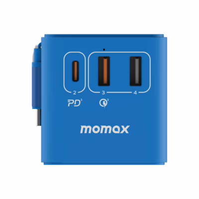 Momax หัวชาร์จ+หัวแปลงปลั๊กไฟ รุ่น 1-World Travel Adapter 3-Port กำลังไฟ 70W ชาร์จไว GaN พร้อมสาย USB-C ในตัว - สี Blue