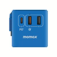 Momax หัวชาร์จ+หัวแปลงปลั๊กไฟ รุ่น 1-World Travel Adapter 3-Port กำลังไฟ 70W ชาร์จไว GaN พร้อมสาย USB-C ในตัว - สี Blue
