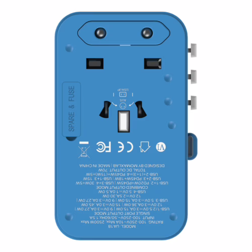 Momax หัวชาร์จ+หัวแปลงปลั๊กไฟ รุ่น 1-World Travel Adapter 3-Port กำลังไฟ 70W ชาร์จไว GaN พร้อมสาย USB-C ในตัว - สี Blue