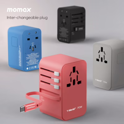 Momax หัวชาร์จ+หัวแปลงปลั๊กไฟ รุ่น 1-World Travel Adapter 3-Port กำลังไฟ 70W ชาร์จไว GaN พร้อมสาย USB-C ในตัว - สี Blue