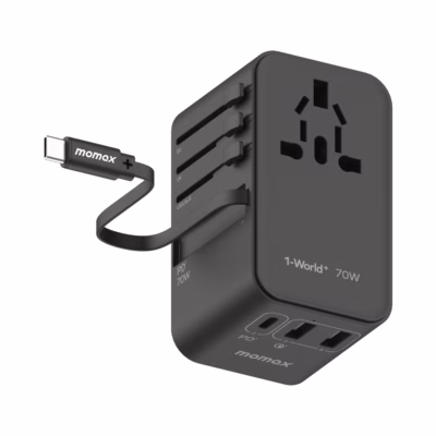 Momax หัวชาร์จ+หัวแปลงปลั๊กไฟ รุ่น 1-World Travel Adapter 3-Port กำลังไฟ 70W ชาร์จไว GaN พร้อมสาย USB-C ในตัว - สี Black