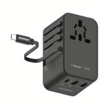 Momax หัวชาร์จ+หัวแปลงปลั๊กไฟ รุ่น 1-World Travel Adapter 3-Port กำลังไฟ 70W ชาร์จไว GaN พร้อมสาย USB-C ในตัว - สี Black