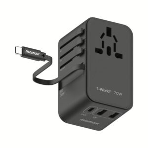 Momax หัวชาร์จ+หัวแปลงปลั๊กไฟ รุ่น 1-World Travel Adapter 3-Port กำลังไฟ 70W ชาร์จไว GaN พร้อมสาย USB-C ในตัว - สี Black