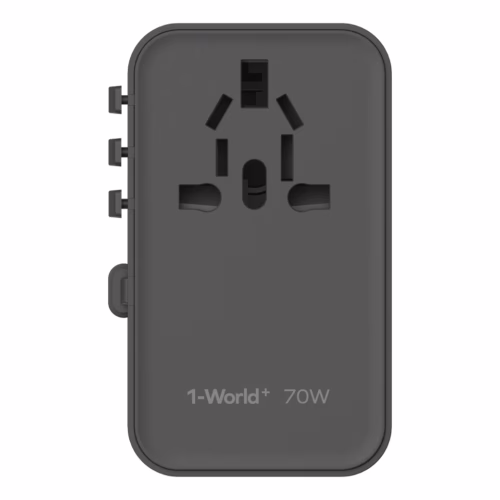 Momax หัวชาร์จ+หัวแปลงปลั๊กไฟ รุ่น 1-World Travel Adapter 3-Port กำลังไฟ 70W ชาร์จไว GaN พร้อมสาย USB-C ในตัว - สี Black