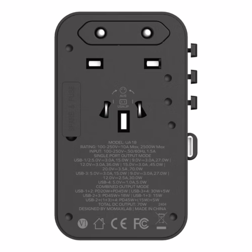Momax หัวชาร์จ+หัวแปลงปลั๊กไฟ รุ่น 1-World Travel Adapter 3-Port กำลังไฟ 70W ชาร์จไว GaN พร้อมสาย USB-C ในตัว - สี Black