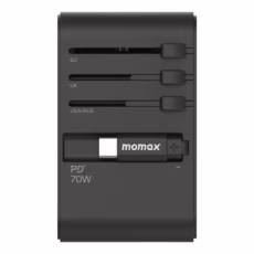 Momax หัวชาร์จ+หัวแปลงปลั๊กไฟ รุ่น 1-World Travel Adapter 3-Port กำลังไฟ 70W ชาร์จไว GaN พร้อมสาย USB-C ในตัว - สี Black