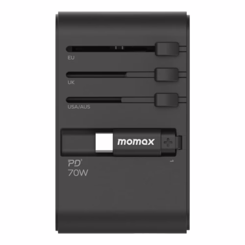Momax หัวชาร์จ+หัวแปลงปลั๊กไฟ รุ่น 1-World Travel Adapter 3-Port กำลังไฟ 70W ชาร์จไว GaN พร้อมสาย USB-C ในตัว - สี Black