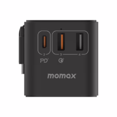Momax หัวชาร์จ+หัวแปลงปลั๊กไฟ รุ่น 1-World Travel Adapter 3-Port กำลังไฟ 70W ชาร์จไว GaN พร้อมสาย USB-C ในตัว - สี Black