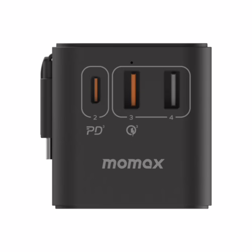 Momax หัวชาร์จ+หัวแปลงปลั๊กไฟ รุ่น 1-World Travel Adapter 3-Port กำลังไฟ 70W ชาร์จไว GaN พร้อมสาย USB-C ในตัว - สี Black