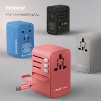 Momax หัวชาร์จ+หัวแปลงปลั๊กไฟ รุ่น 1-World Travel Adapter 3-Port กำลังไฟ 70W ชาร์จไว GaN พร้อมสาย USB-C ในตัว - สี Black