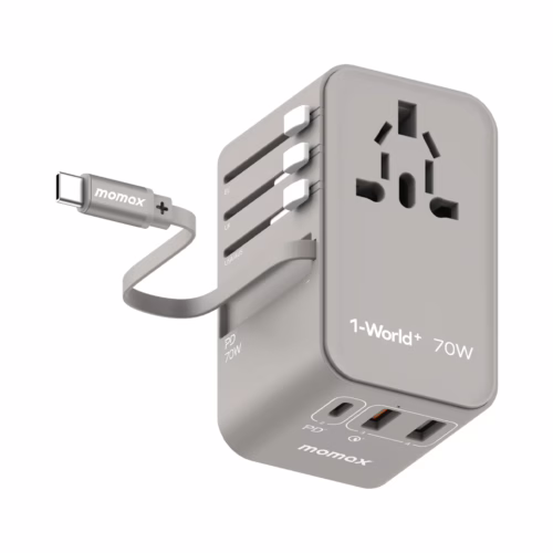 Momax หัวชาร์จ+หัวแปลงปลั๊กไฟ รุ่น 1-World Travel Adapter 3-Port กำลังไฟ 70W ชาร์จไว GaN พร้อมสาย USB-C ในตัว - สี Grey
