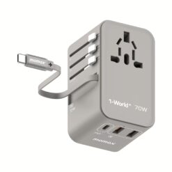 Momax หัวชาร์จ+หัวแปลงปลั๊กไฟ รุ่น 1-World Travel Adapter 3-Port กำลังไฟ 70W ชาร์จไว GaN พร้อมสาย USB-C ในตัว - สี Grey