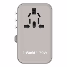 Momax หัวชาร์จ+หัวแปลงปลั๊กไฟ รุ่น 1-World Travel Adapter 3-Port กำลังไฟ 70W ชาร์จไว GaN พร้อมสาย USB-C ในตัว - สี Grey