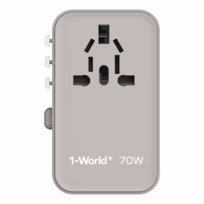 Momax หัวชาร์จ+หัวแปลงปลั๊กไฟ รุ่น 1-World Travel Adapter 3-Port กำลังไฟ 70W ชาร์จไว GaN พร้อมสาย USB-C ในตัว - สี Grey