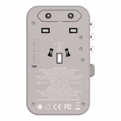Momax หัวชาร์จ+หัวแปลงปลั๊กไฟ รุ่น 1-World Travel Adapter 3-Port กำลังไฟ 70W ชาร์จไว GaN พร้อมสาย USB-C ในตัว - สี Grey