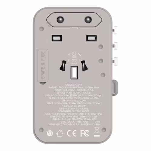 Momax หัวชาร์จ+หัวแปลงปลั๊กไฟ รุ่น 1-World Travel Adapter 3-Port กำลังไฟ 70W ชาร์จไว GaN พร้อมสาย USB-C ในตัว - สี Grey