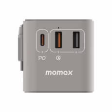 Momax หัวชาร์จ+หัวแปลงปลั๊กไฟ รุ่น 1-World Travel Adapter 3-Port กำลังไฟ 70W ชาร์จไว GaN พร้อมสาย USB-C ในตัว - สี Grey