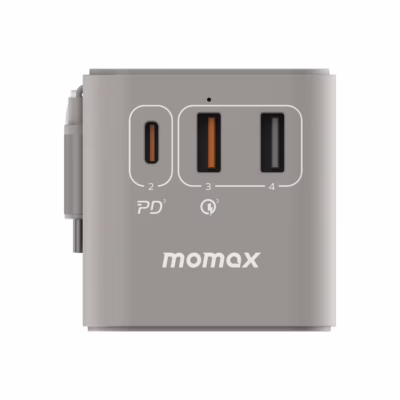 Momax หัวชาร์จ+หัวแปลงปลั๊กไฟ รุ่น 1-World Travel Adapter 3-Port กำลังไฟ 70W ชาร์จไว GaN พร้อมสาย USB-C ในตัว - สี Grey