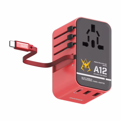 Momax หัวชาร์จ+หัวแปลงปลั๊กไฟ รุ่น 1-World Travel Adapter 3-Port กำลังไฟ 70W ชาร์จไว GaN พร้อมสาย USB-C ในตัว - ลาย MS-06S-Red