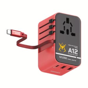 Momax หัวชาร์จ+หัวแปลงปลั๊กไฟ รุ่น 1-World Travel Adapter 3-Port กำลังไฟ 70W ชาร์จไว GaN พร้อมสาย USB-C ในตัว - ลาย MS-06S-Red