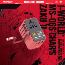 Momax หัวชาร์จ+หัวแปลงปลั๊กไฟ รุ่น 1-World Travel Adapter 3-Port กำลังไฟ 70W ชาร์จไว GaN พร้อมสาย USB-C ในตัว - ลาย MS-06S-Red