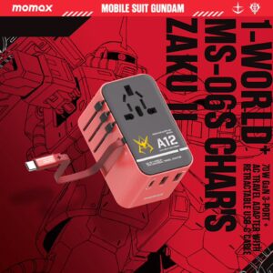 Momax หัวชาร์จ+หัวแปลงปลั๊กไฟ รุ่น 1-World Travel Adapter 3-Port กำลังไฟ 70W ชาร์จไว GaN พร้อมสาย USB-C ในตัว - ลาย MS-06S-Red