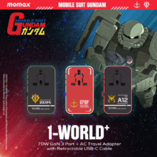 Momax หัวชาร์จ+หัวแปลงปลั๊กไฟ รุ่น 1-World Travel Adapter 3-Port กำลังไฟ 70W ชาร์จไว GaN พร้อมสาย USB-C ในตัว - ลาย MS-06S-Red