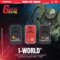 Momax หัวชาร์จ+หัวแปลงปลั๊กไฟ รุ่น 1-World Travel Adapter 3-Port กำลังไฟ 70W ชาร์จไว GaN พร้อมสาย USB-C ในตัว - ลาย MS-06S-Red
