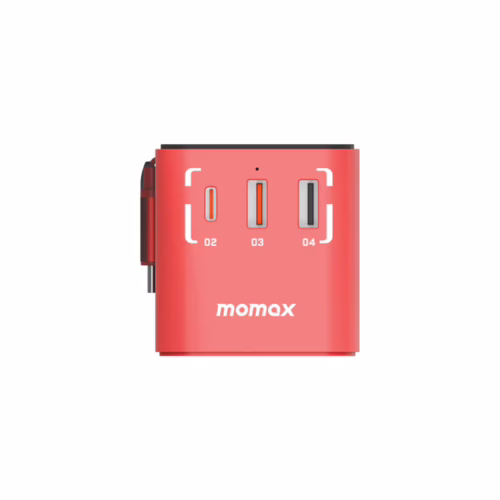 Momax หัวชาร์จ+หัวแปลงปลั๊กไฟ รุ่น 1-World Travel Adapter 3-Port กำลังไฟ 70W ชาร์จไว GaN พร้อมสาย USB-C ในตัว - ลาย MS-06S-Red