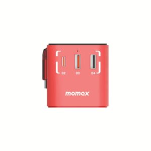 Momax หัวชาร์จ+หัวแปลงปลั๊กไฟ รุ่น 1-World Travel Adapter 3-Port กำลังไฟ 70W ชาร์จไว GaN พร้อมสาย USB-C ในตัว - ลาย MS-06S-Red