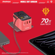 Momax หัวชาร์จ+หัวแปลงปลั๊กไฟ รุ่น 1-World Travel Adapter 3-Port กำลังไฟ 70W ชาร์จไว GaN พร้อมสาย USB-C ในตัว - ลาย MS-06S-Red