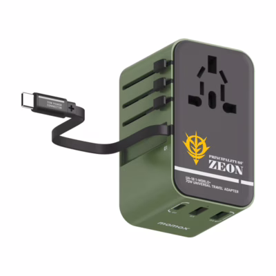 Momax หัวชาร์จ+หัวแปลงปลั๊กไฟ รุ่น 1-World Travel Adapter 3-Port กำลังไฟ 70W ชาร์จไว GaN พร้อมสาย USB-C ในตัว - ลาย MS-06F-Green
