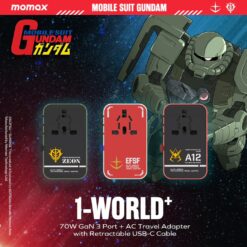 Momax หัวชาร์จ+หัวแปลงปลั๊กไฟ รุ่น 1-World Travel Adapter 3-Port กำลังไฟ 70W ชาร์จไว GaN พร้อมสาย USB-C ในตัว - ลาย MS-06F-Green