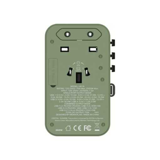 Momax หัวชาร์จ+หัวแปลงปลั๊กไฟ รุ่น 1-World Travel Adapter 3-Port กำลังไฟ 70W ชาร์จไว GaN พร้อมสาย USB-C ในตัว - ลาย MS-06F-Green - Image 6