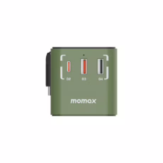 Momax หัวชาร์จ+หัวแปลงปลั๊กไฟ รุ่น 1-World Travel Adapter 3-Port กำลังไฟ 70W ชาร์จไว GaN พร้อมสาย USB-C ในตัว - ลาย MS-06F-Green