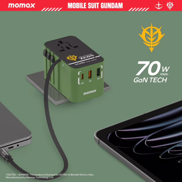 Momax หัวชาร์จ+หัวแปลงปลั๊กไฟ รุ่น 1-World Travel Adapter 3-Port กำลังไฟ 70W ชาร์จไว GaN พร้อมสาย USB-C ในตัว - ลาย MS-06F-Green