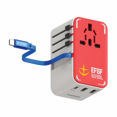Momax หัวชาร์จ+หัวแปลงปลั๊กไฟ รุ่น 1-World Travel Adapter 3-Port กำลังไฟ 70W ชาร์จไว GaN พร้อมสาย USB-C ในตัว - ลาย RX-78-2-White