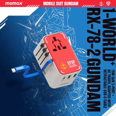 Momax หัวชาร์จ+หัวแปลงปลั๊กไฟ รุ่น 1-World Travel Adapter 3-Port กำลังไฟ 70W ชาร์จไว GaN พร้อมสาย USB-C ในตัว - ลาย RX-78-2-White