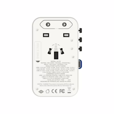 Momax หัวชาร์จ+หัวแปลงปลั๊กไฟ รุ่น 1-World Travel Adapter 3-Port กำลังไฟ 70W ชาร์จไว GaN พร้อมสาย USB-C ในตัว - ลาย RX-78-2-White