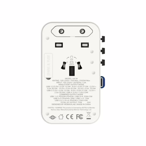 Momax หัวชาร์จ+หัวแปลงปลั๊กไฟ รุ่น 1-World Travel Adapter 3-Port กำลังไฟ 70W ชาร์จไว GaN พร้อมสาย USB-C ในตัว - ลาย RX-78-2-White