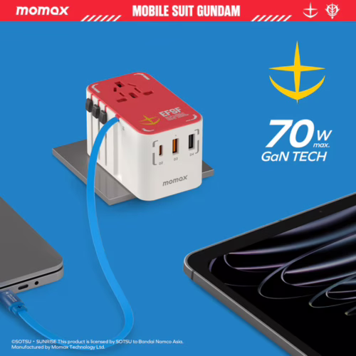 Momax หัวชาร์จ+หัวแปลงปลั๊กไฟ รุ่น 1-World Travel Adapter 3-Port กำลังไฟ 70W ชาร์จไว GaN พร้อมสาย USB-C ในตัว - ลาย RX-78-2-White