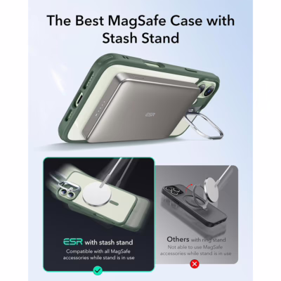 ESR รุ่น Classic Hybrid Case with Stash Stand (HaloLock) - เคส iPhone 16 - สี Clear Green