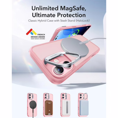 ESR รุ่น Classic Hybrid Case with Stash Stand (HaloLock) - เคส iPhone 16 - สี Frosted Pink