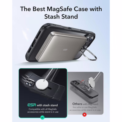 ESR รุ่น Classic Hybrid Case with Stash Stand (HaloLock) - เคส iPhone 16 Plus - สี Frosted Black