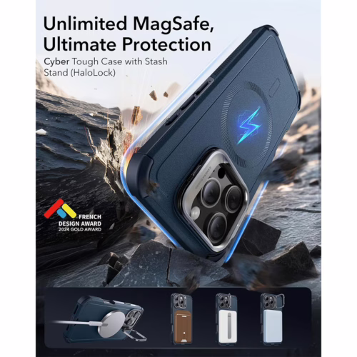 ESR รุ่น Cyber Armor Case with Stash Stand (HaloLock) - เคส iPhone 16 Pro Max - สี Navy Blue