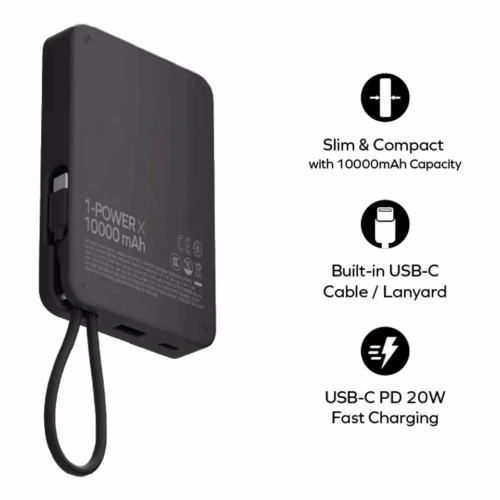 Momax รุ่น 1-Power X (10000mAh) - แบตเตอร์รี่สำรองพร้อมสาย USB-C ในตัว - สี Black